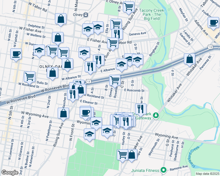 map of restaurants, bars, coffee shops, grocery stores, and more near 5002 Ormes Street in Philadelphia