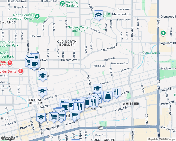 map of restaurants, bars, coffee shops, grocery stores, and more near 1931 Tyler Road in Boulder