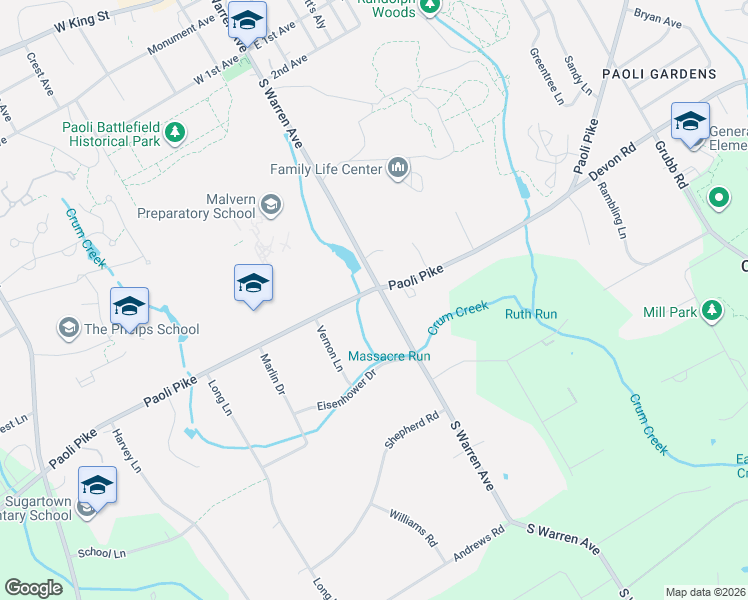 map of restaurants, bars, coffee shops, grocery stores, and more near 253 Paoli Pike in Malvern