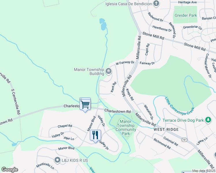 map of restaurants, bars, coffee shops, grocery stores, and more near 125 Townhouse Lane in Lancaster