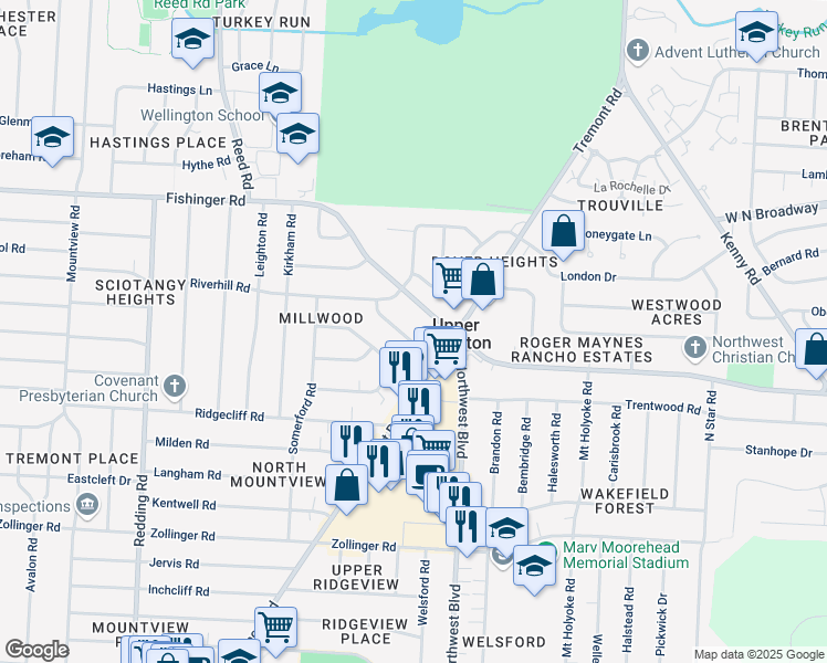 map of restaurants, bars, coffee shops, grocery stores, and more near 1703 Fishinger Road in Columbus