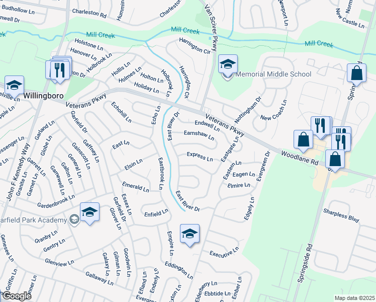map of restaurants, bars, coffee shops, grocery stores, and more near 11 Express Lane in Willingboro