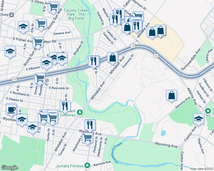 map of restaurants, bars, coffee shops, grocery stores, and more near 5030 Pennway Street in Philadelphia