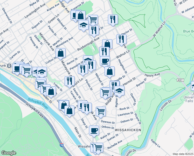 map of restaurants, bars, coffee shops, grocery stores, and more near 4034 Mitchell Street in Philadelphia