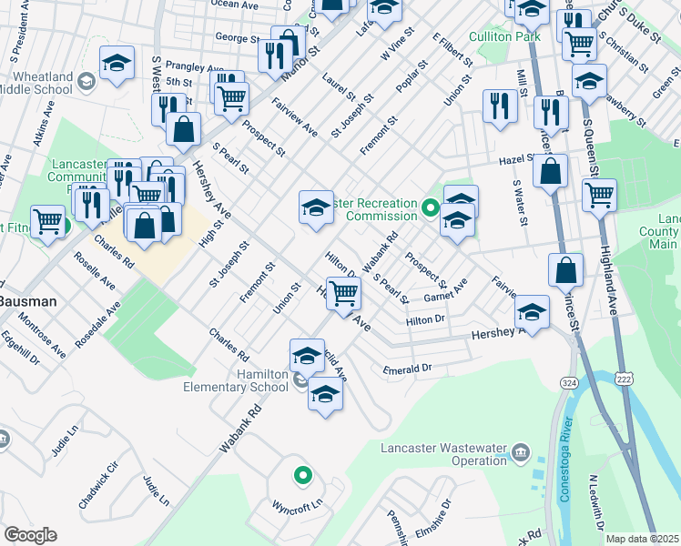 map of restaurants, bars, coffee shops, grocery stores, and more near 424 Hilton Drive in Lancaster