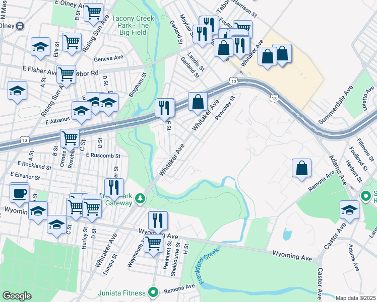 map of restaurants, bars, coffee shops, grocery stores, and more near 5030 Pennway Street in Philadelphia