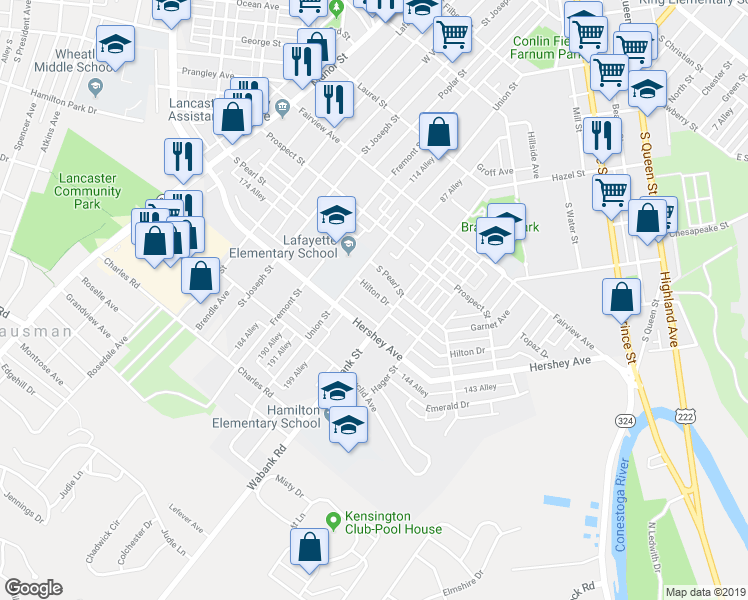 map of restaurants, bars, coffee shops, grocery stores, and more near 424 Hilton Drive in Lancaster