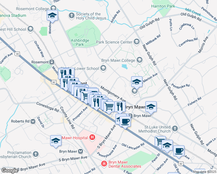 map of restaurants, bars, coffee shops, grocery stores, and more near 901 Montgomery Avenue in Bryn Mawr