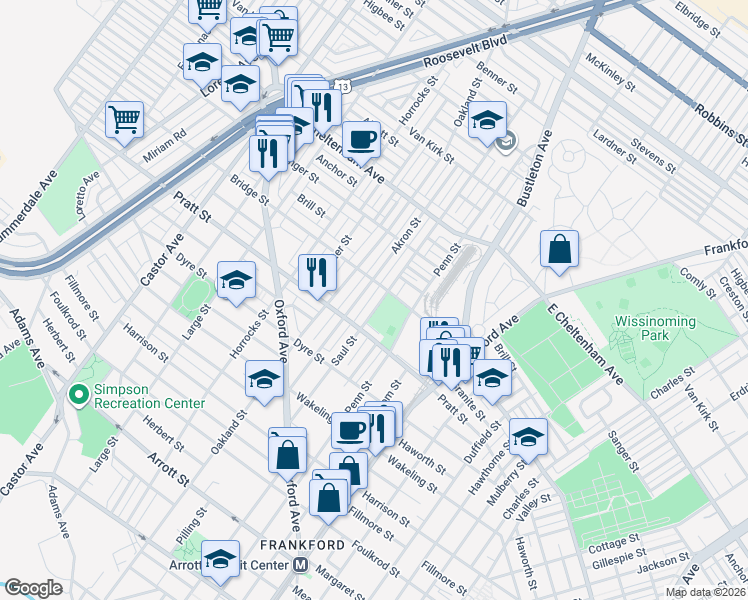 map of restaurants, bars, coffee shops, grocery stores, and more near 5260 Akron Street in Philadelphia