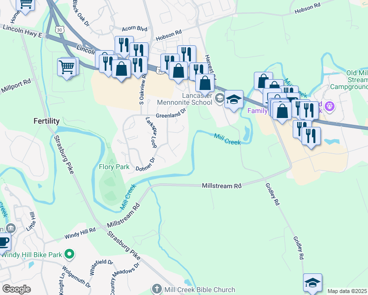 map of restaurants, bars, coffee shops, grocery stores, and more near 446 Lupine Circle in Lancaster