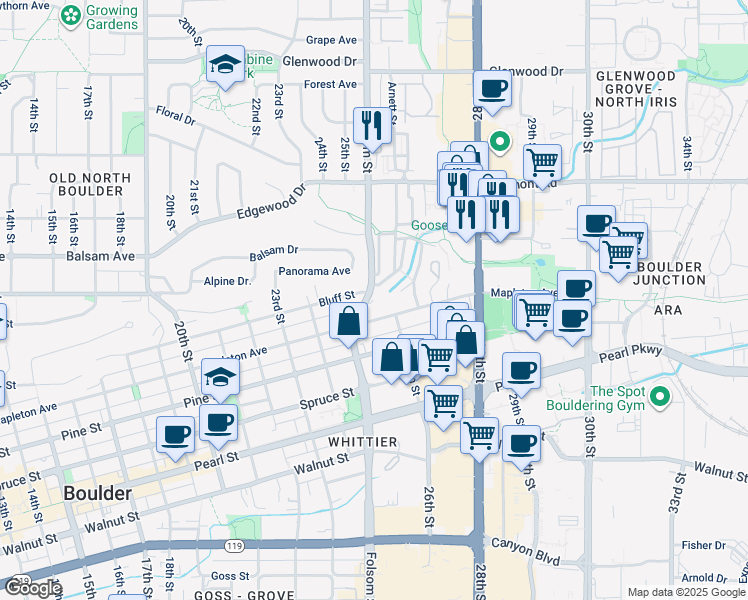 map of restaurants, bars, coffee shops, grocery stores, and more near 2635 Mapleton Avenue in Boulder