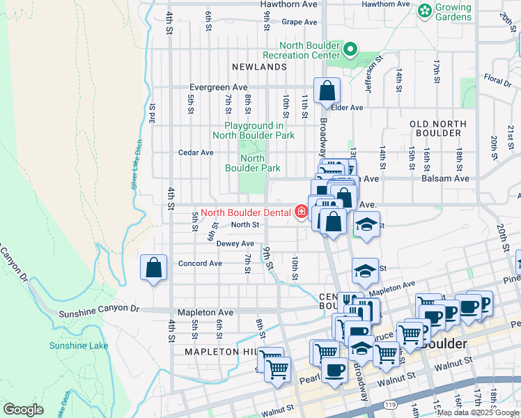 map of restaurants, bars, coffee shops, grocery stores, and more near 815 Alpine Drive in Boulder