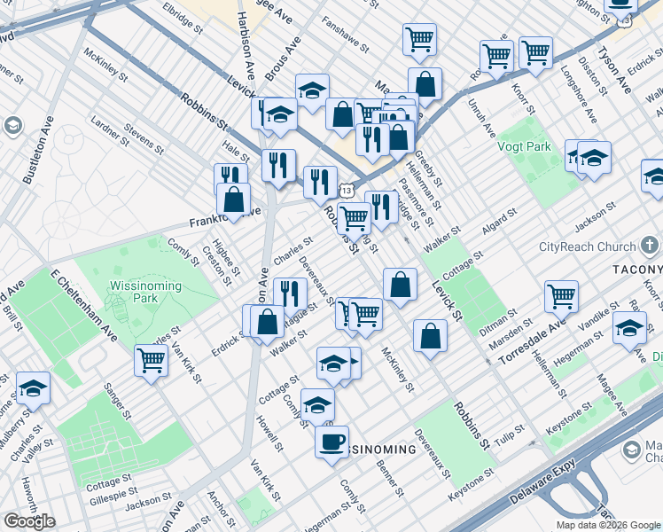 map of restaurants, bars, coffee shops, grocery stores, and more near 6230 Tackawanna Street in Philadelphia