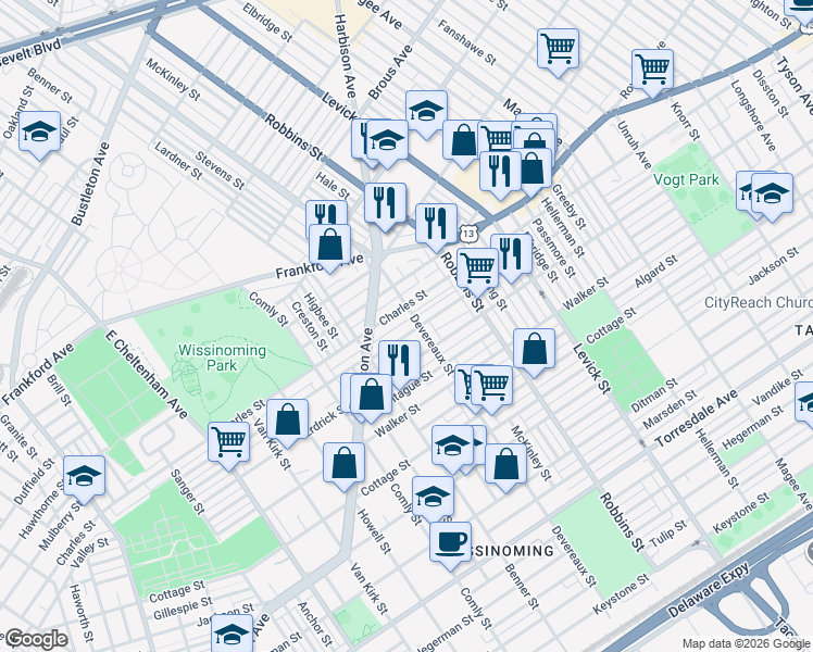 map of restaurants, bars, coffee shops, grocery stores, and more near 6160 Charles Street in Philadelphia