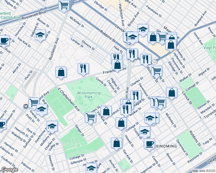 map of restaurants, bars, coffee shops, grocery stores, and more near 4002 Creston Street in Philadelphia