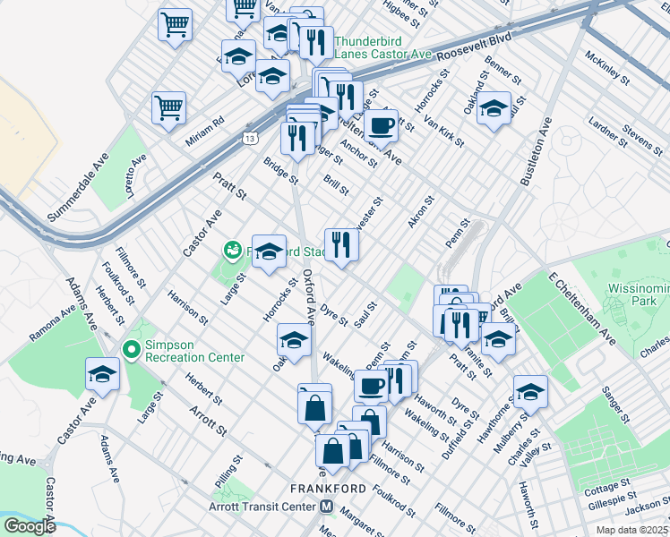 map of restaurants, bars, coffee shops, grocery stores, and more near 1201 Pratt Street in Philadelphia