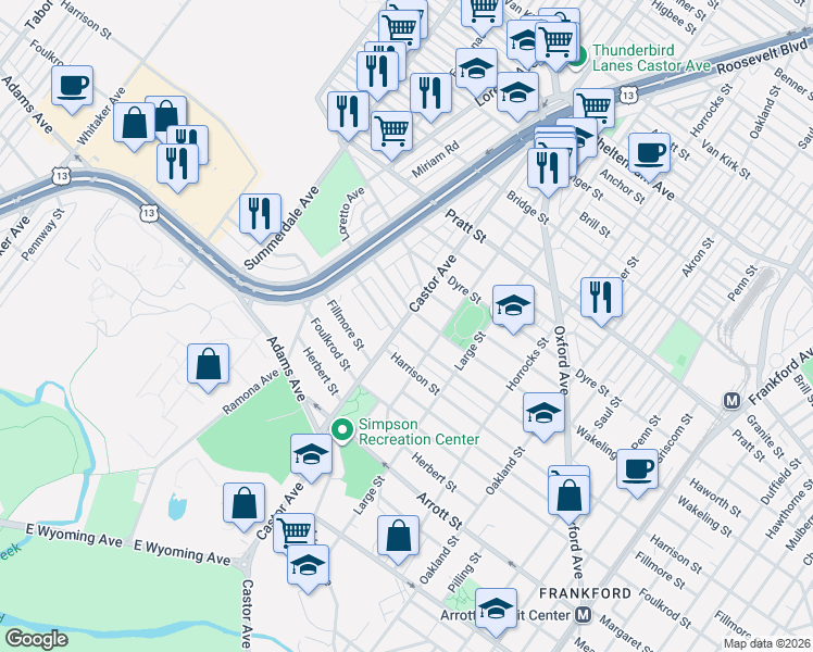 map of restaurants, bars, coffee shops, grocery stores, and more near 977 Allengrove Street in Philadelphia