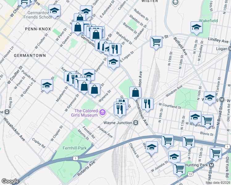 map of restaurants, bars, coffee shops, grocery stores, and more near 50 Wyneva Street in Philadelphia