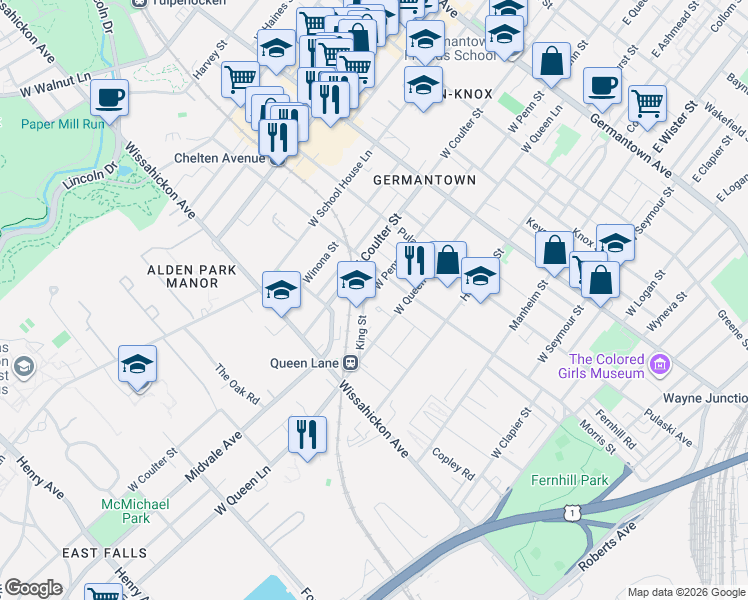 map of restaurants, bars, coffee shops, grocery stores, and more near 419 West Penn Street in Philadelphia