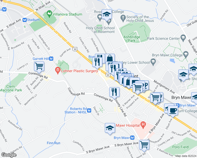 map of restaurants, bars, coffee shops, grocery stores, and more near 8 Arthur Road in Bryn Mawr