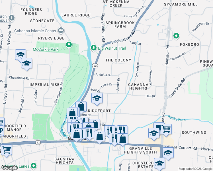 map of restaurants, bars, coffee shops, grocery stores, and more near 168 Laura Drive in Gahanna