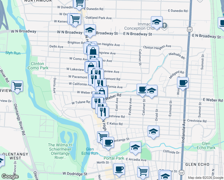 map of restaurants, bars, coffee shops, grocery stores, and more near 100 East California Avenue in Columbus