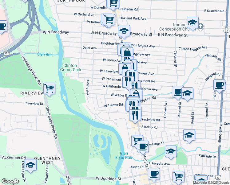 map of restaurants, bars, coffee shops, grocery stores, and more near 58 West California Avenue in Columbus