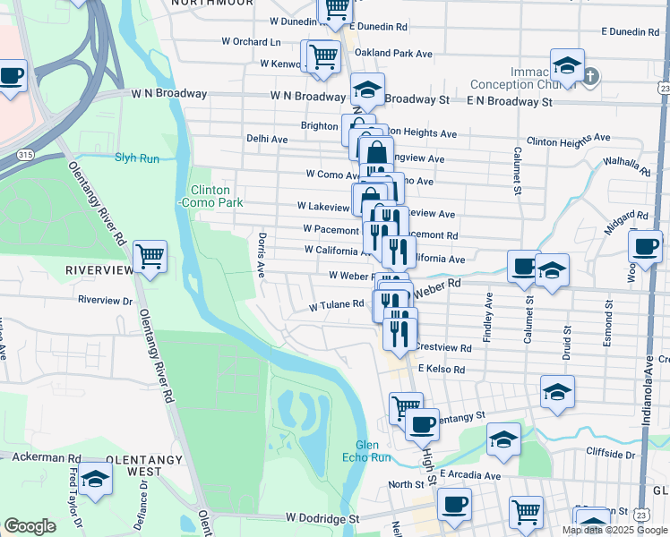 map of restaurants, bars, coffee shops, grocery stores, and more near 107 West California Avenue in Columbus