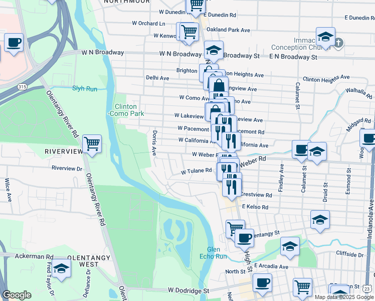 map of restaurants, bars, coffee shops, grocery stores, and more near 107 West California Avenue in Columbus