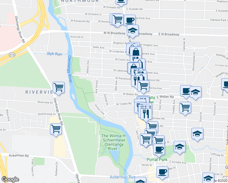 map of restaurants, bars, coffee shops, grocery stores, and more near 107 West California Avenue in Columbus