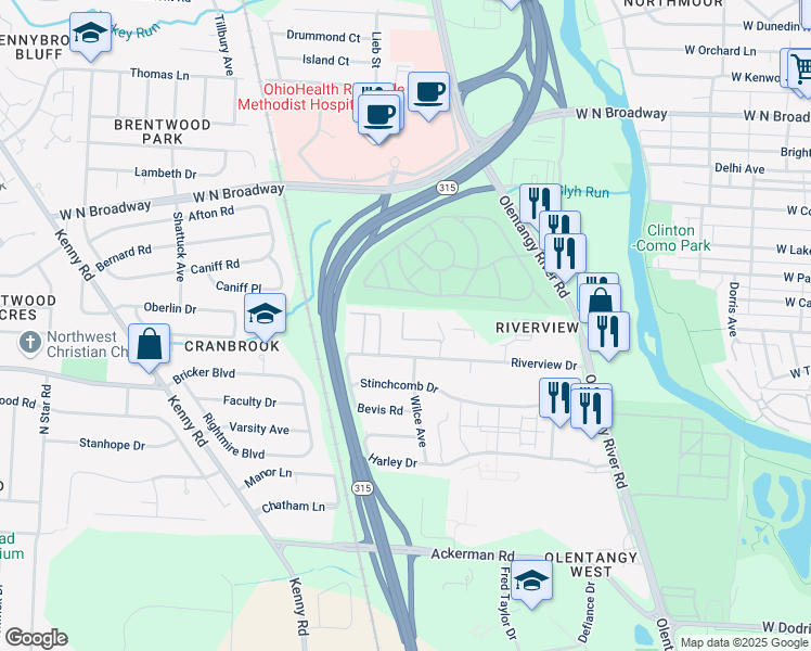 map of restaurants, bars, coffee shops, grocery stores, and more near 3199 Riverview Pl in Columbus