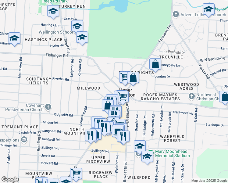 map of restaurants, bars, coffee shops, grocery stores, and more near 1703 Fishinger Road in Columbus