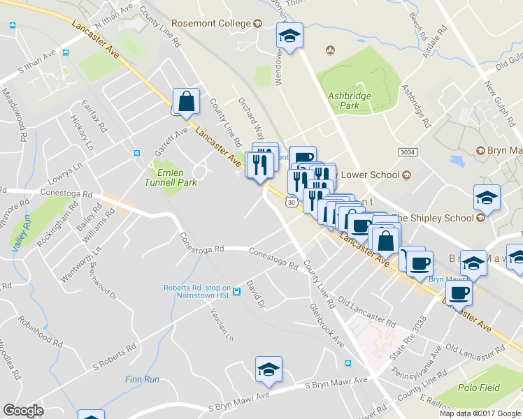 map of restaurants, bars, coffee shops, grocery stores, and more near 8 Arthur Road in Bryn Mawr