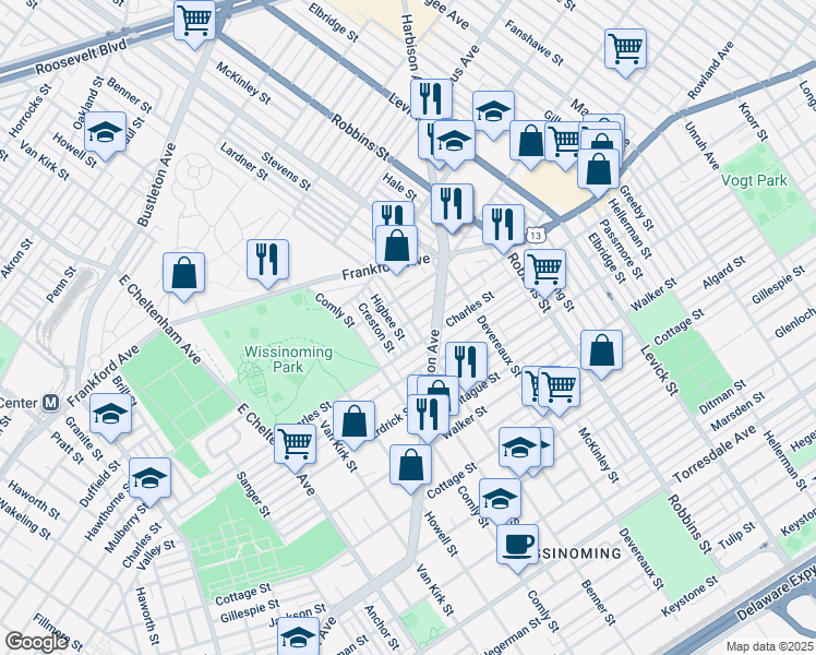 map of restaurants, bars, coffee shops, grocery stores, and more near 4056 Benner Street in Philadelphia