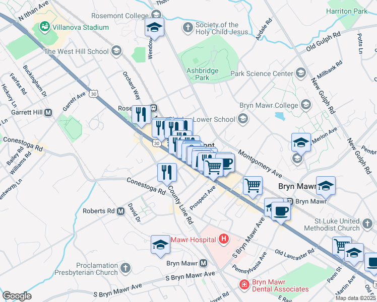 map of restaurants, bars, coffee shops, grocery stores, and more near 10 Franklin Street in Bryn Mawr