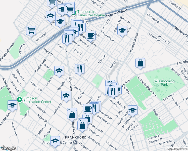 map of restaurants, bars, coffee shops, grocery stores, and more near 5260 Akron Street in Philadelphia