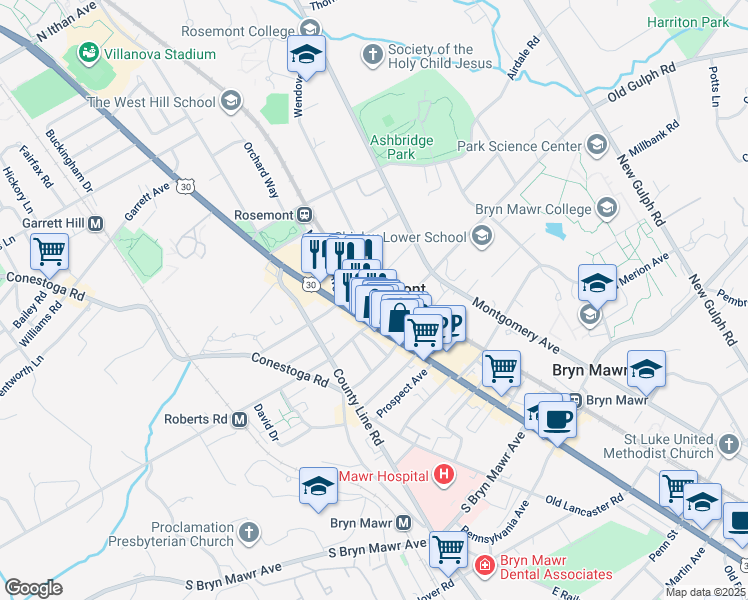 map of restaurants, bars, coffee shops, grocery stores, and more near 10 Franklin Street in Bryn Mawr