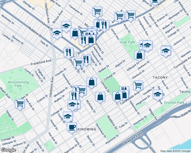 map of restaurants, bars, coffee shops, grocery stores, and more near 6341 Walker Street in Philadelphia