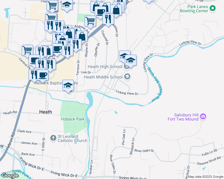 map of restaurants, bars, coffee shops, grocery stores, and more near 310 Licking View Drive in Heath