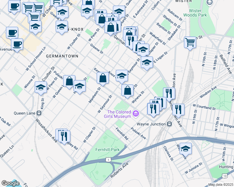 map of restaurants, bars, coffee shops, grocery stores, and more near 4937 Wayne Avenue in Philadelphia