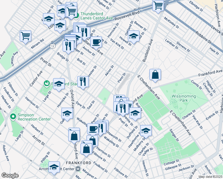 map of restaurants, bars, coffee shops, grocery stores, and more near 5310 Penn Street in Philadelphia