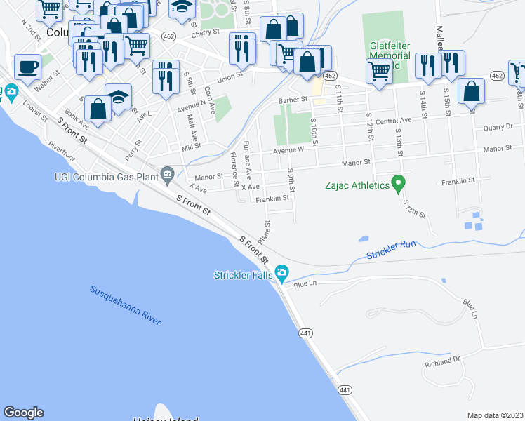 map of restaurants, bars, coffee shops, grocery stores, and more near 820 Plane Street in Columbia