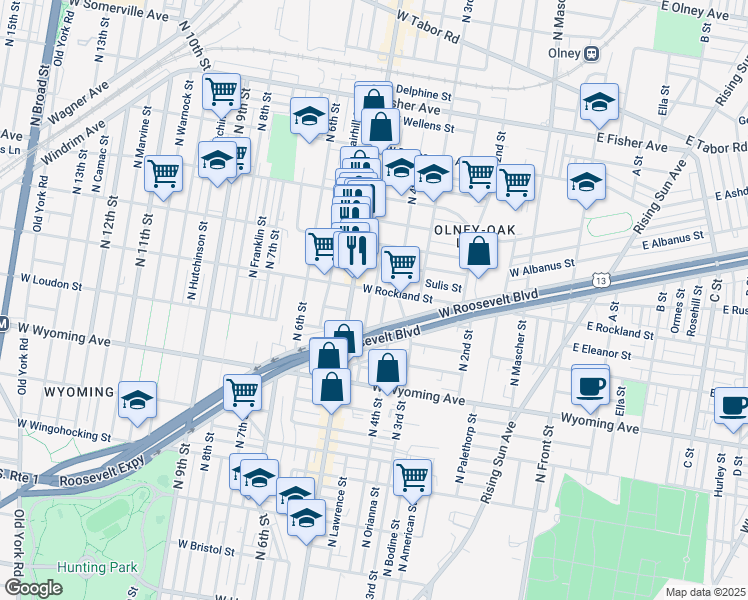 map of restaurants, bars, coffee shops, grocery stores, and more near 4843 North Lawrence Street in Philadelphia