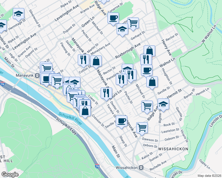 map of restaurants, bars, coffee shops, grocery stores, and more near 4124 Lauriston Street in Philadelphia