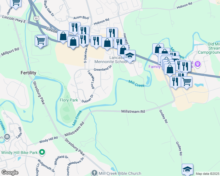 map of restaurants, bars, coffee shops, grocery stores, and more near 446 Lupine Circle in Lancaster