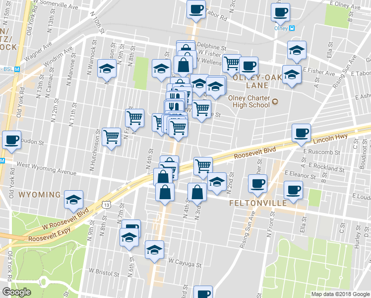 map of restaurants, bars, coffee shops, grocery stores, and more near 4843 North Lawrence Street in Philadelphia