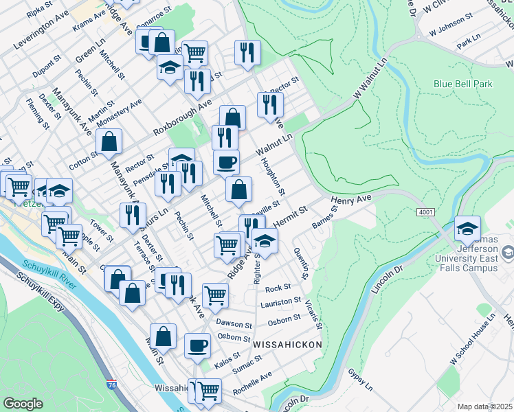 map of restaurants, bars, coffee shops, grocery stores, and more near 512 Seville Street in Philadelphia