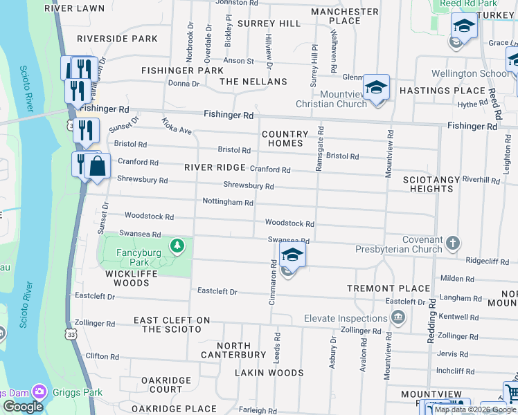 map of restaurants, bars, coffee shops, grocery stores, and more near 2451 Shrewsbury Road in Columbus
