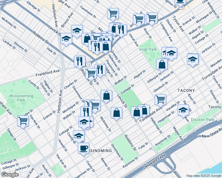 map of restaurants, bars, coffee shops, grocery stores, and more near 6341 Walker Street in Philadelphia