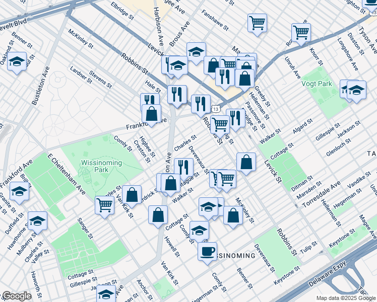 map of restaurants, bars, coffee shops, grocery stores, and more near 6164 Tackawanna Street in Philadelphia